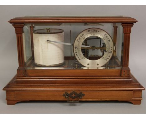 Good walnut cased barograph, with silvered chapter ring and stepped case fitted with a slim drawer, spare charts, etc bevelle