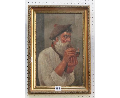 A 19th century oil painting on canvas, bust length study of a bearded man in Tam O Shanter lighting his pipe, indistinctly si