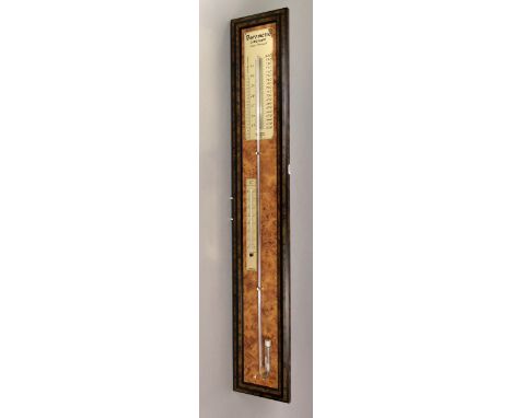 Interesting continental barometer thermometer, set upon a figured laminate wooden plaque, inscribed "Barometer A Mercure, Sel
