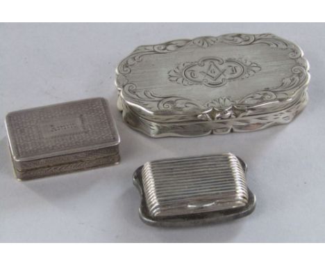 Victorian engine turned silver vinaigrette with gilt interior, together with a further silver vinaigrette and silver snuff bo