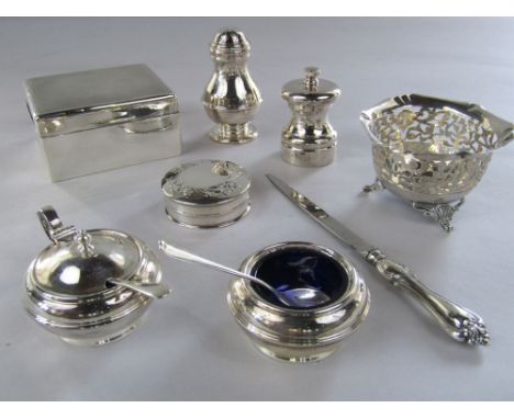 Mixed collection of silver to include engine turned cigarette case, pierced bon bon dish, silver handled paper knife, three p