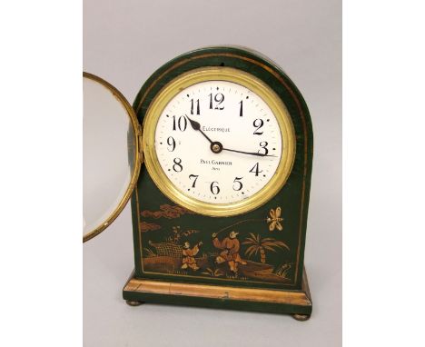 Paul Garnier of Paris electrique green chinoiserie bracket clock decorated in relief with figures, 26 cm high