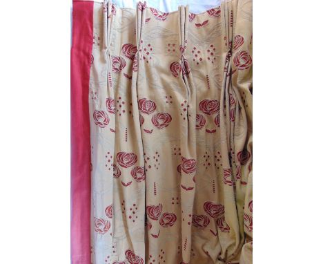 One pair of lined curtains with triple pleat heading, in shades of gold red, length 2.1m, fixed width 1.6m, with tie backs