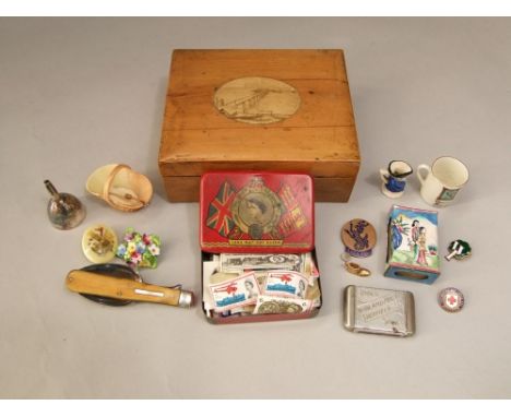 A beechwood box and miscellaneous contents, Worcester basket, enamel vesta, Goss tankard, mint stamps, etc