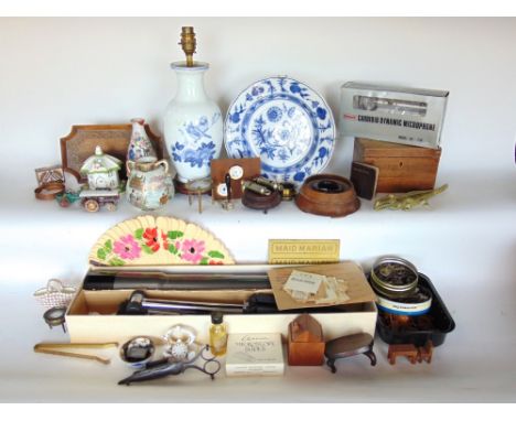 A box of interesting items to include Chinese ceramics, tea caddy, various treenware, regent telescope, carioid microphone an