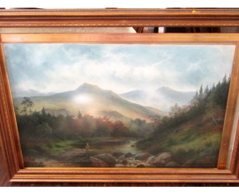 A watercolour and bodycolour painting of a mountainous landscape with fishermen signed Coad, an oil painting on canvas of a w