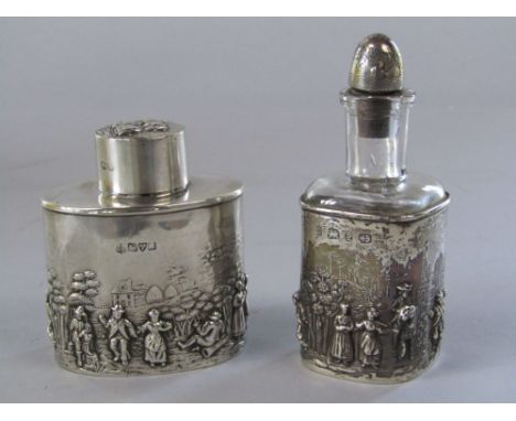 Interesting antique silver caddy, the bowl embossed with an exterior tavern scene with figures, etc; together with a further 