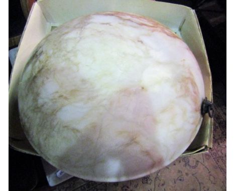 An alabaster plafonier with lions mask and ring fittings 40cm in diameter together with one other light fitting with prism dr
