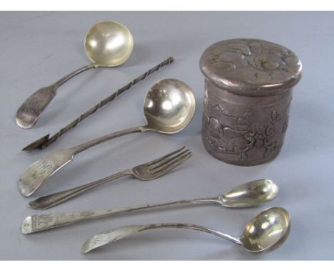 Mixed collection of silver and metalware to include a Victorian silver caddy, embossed with cherubs and foliage; together wit