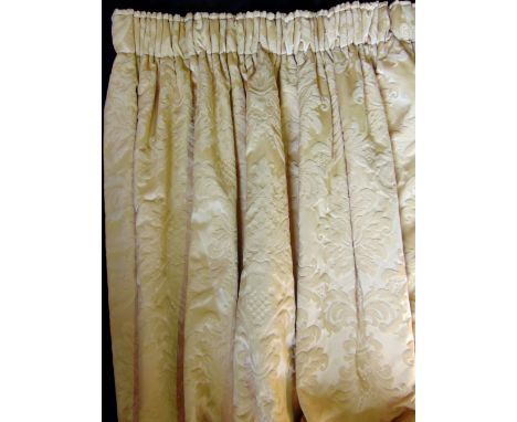 One pair of full length heavy weight curtains, lined and thermal lined with pencil pleat heading, in gold, 2.5m long x 1.95m 
