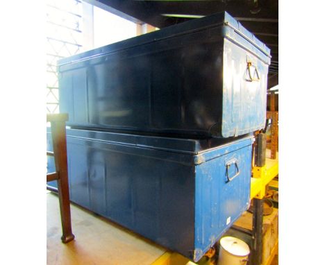 Two vintage tin/light steel trunks with blue painted finish 