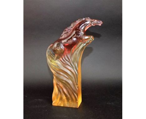 Tittott art glass paperweight in the form of a galloping horse, with pink and orange colourway with Chinese calligraphy and s