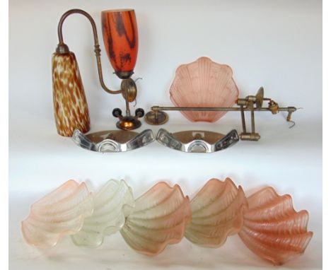 A box of vintage lighting to include Art Deco down lighters and further shell lights