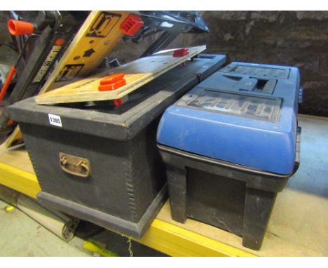 A Black & Decker Workmate Plus together with a stained wooden tool box containing a quantity of carpentry tools to include va