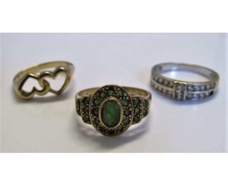 Two 9ct rings; one set with chrysoprase and the other of interlocking heart design, together with an 18ct cubic zirconia exam