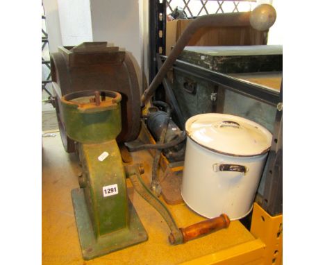 A vintage Dunlop minor compressor, further vintage Diablo cast iron mincer with winding handle, a J A MacFarland Ltd Spring B