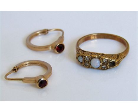 A pair of 18ct hoop earrings set with garnet coloured stones, together with an 18ct opal and diamond ring, size L/M, 5g total