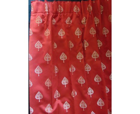 One pair full length, extra wide lined curtains with pencil pleat heading in claret and gold, each 205cm long x 3.9m wide