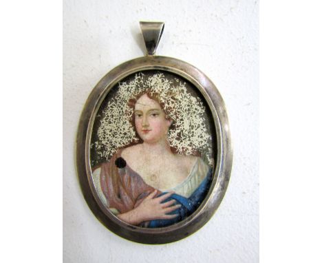 A portrait miniature of oval form in the 18th century manner showing a young woman in classical style drapery, set in a white