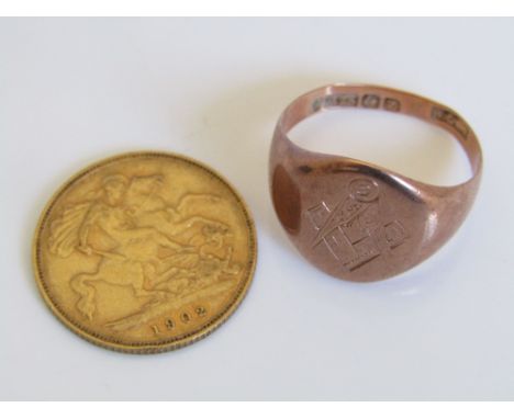 A half sovereign dated 1902 together with a 9ct Masonic signet ring - 4g