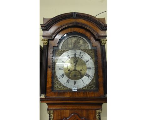 A Georgian mahogany longcase clock, the case with reeded column supports with Corinthian capitals, the door and lower panel w