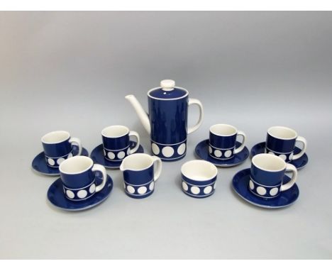 A collection of TG Green Ltd dark blue ground coffee wares with white circle detail comprising coffee pot, milk jug, sugar bo