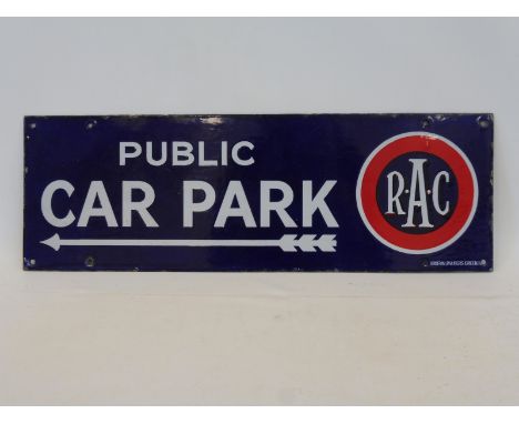 A rare RAC Public Car Park directional rectangular double sided enamel sign, with excellent gloss, 24 x 8".