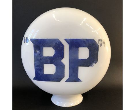 An early BP pill shaped glass petrol pump globe, in good original condition, one side very worn, marked: BCM/Hailglass, Briti