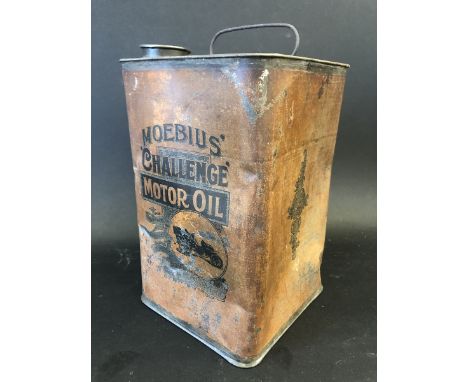 A rare Moebius 'Challenge' Motor Oil square gallon can with image of a veteran car to the front. 