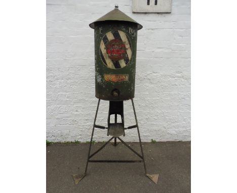 A rare Duckham's Morrisol Sirrom Engine Oil cylindrical oil dispenser on stand which is also marked Duckham's, in very origin