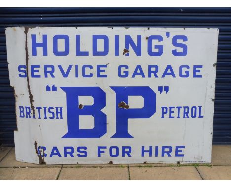 A large rare BP enamel sign advertising Holding's Service Garage, Cars For Hire, by Franco, 72 1/4 x 48 1/4".
