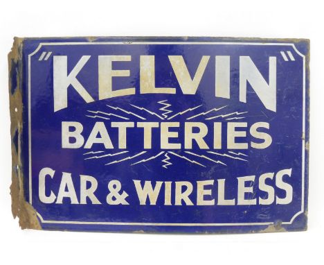 A Kelvin Batteries - Car and Wireless double sided enamel sign with hanging flange, by Defiant of London, 18 x 12".