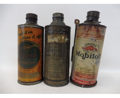 A Gargoyle Mobiloil cylindrical quart can on bulkhead bracket and two other quart cans.
