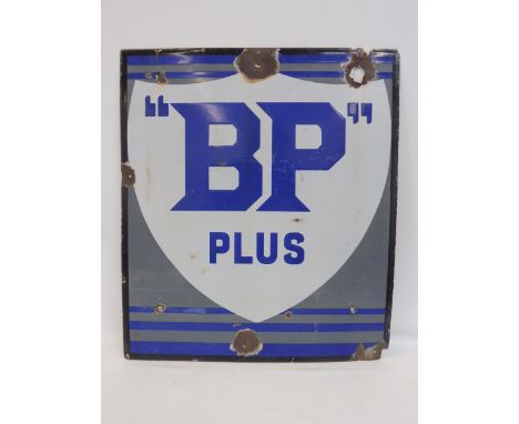 A BP Plus rectangular enamel sign with shield motif to the centre, painted to the reverse: Property of Shellmex and BP Limite