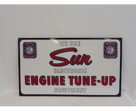 A Sun Electronic Engine Tune-up Equipment rectangular enamel sign with good gloss, 38 1/2 x 22".