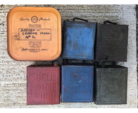 Five 2-gallon petrol cans including Pratts, one can with a Redline cap plus an Evco five gallon drum. 