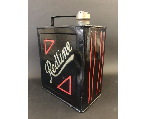 A Redline two gallon petrol can, with correct cap, restored, can by Valor, dated 1938.