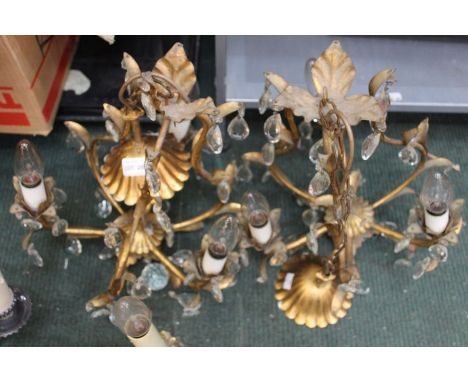 Pair of metal guilt three arm chandelier style pendant light fittings