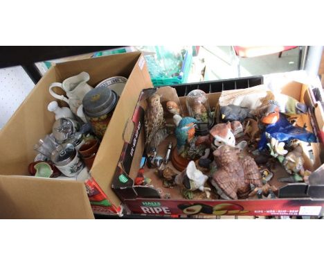 Two boxes containing a selection of useful and domestic items, to include model birds