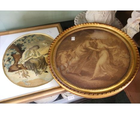 A circular framed sepia print and needlework picture (2)