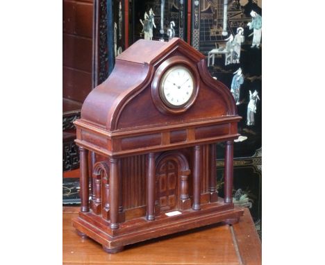 An unusual late 19th century architectural library clock, 8cm convex enamel dial inscribed with Roman numerals, above a porti