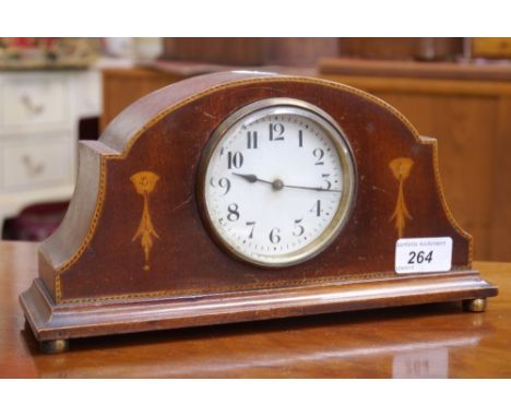 An Edwardian treen mantel clock, inlaid stringing, 15cm tall