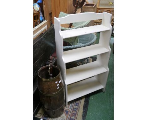 A coopered oak stick stand; a painted pine four tier floor standing bookcase; a copper warming pan; a reproduction occasional