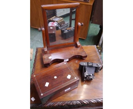 A Victorian mahogany dressing table mirror; a Victorian rosewood and mother of pearl inlaid box; Kodak camera (3)