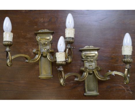A pair of gilt metal rectangular two-light  wall lights, rectangular back plates,  26cm high