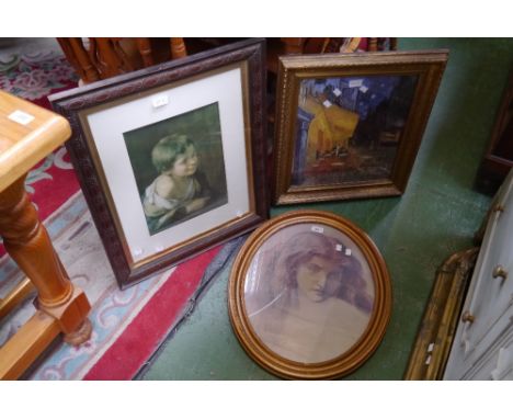 Framed pictures - an oval gilt framed with a portrait of a girl; a rectangular oak frame; a gilt square frame (3)