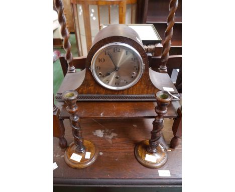 A 1930's oak mantel clock and a pair of barley twist candlesticks, dated 1932; a corner whatnot; a wall clock (4)