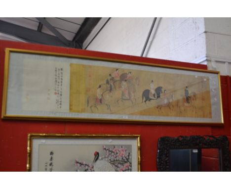 A large Japanese print on silk depicting a marriage procession, framed, 152cm x 35.5cm