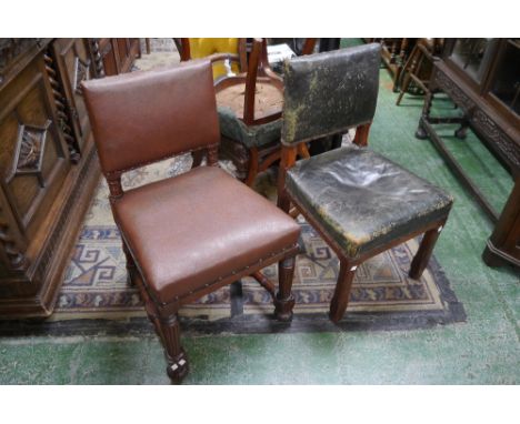 A Victorian oak dining chair, padded leather back and seat, turned and fluted forelegs; another, chamfered square supports; a