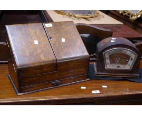 An oak letter box; an Art Deco mantel clock. (2)